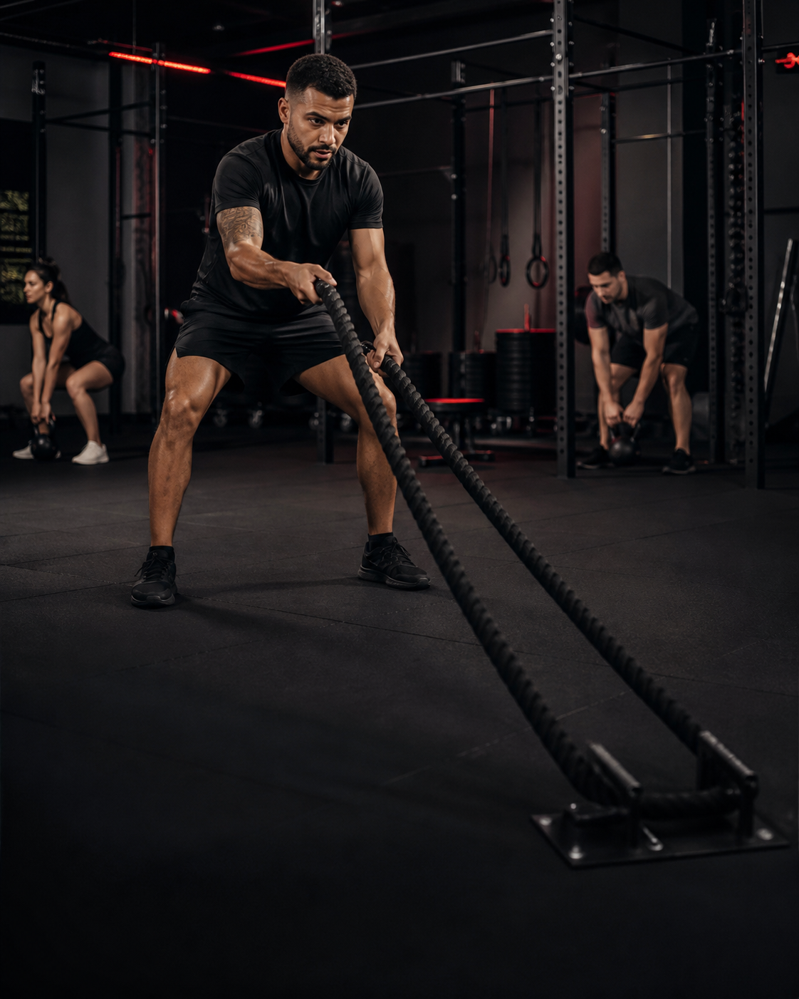 Aluno usando cordas navais em um treino funcional